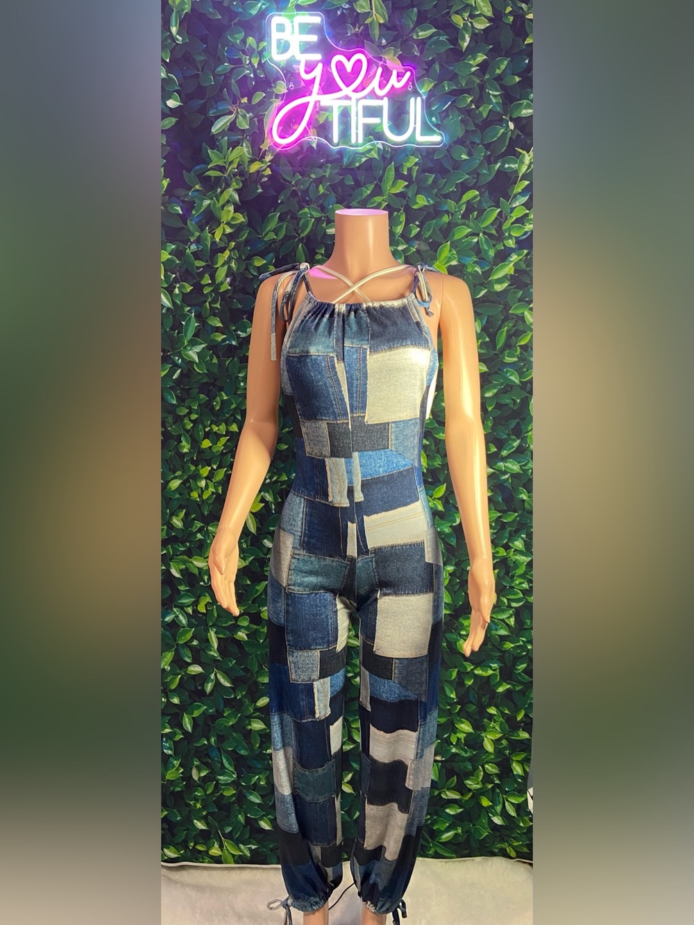 Patchwork Denim-Print Women’s Jumpsuit - Blue